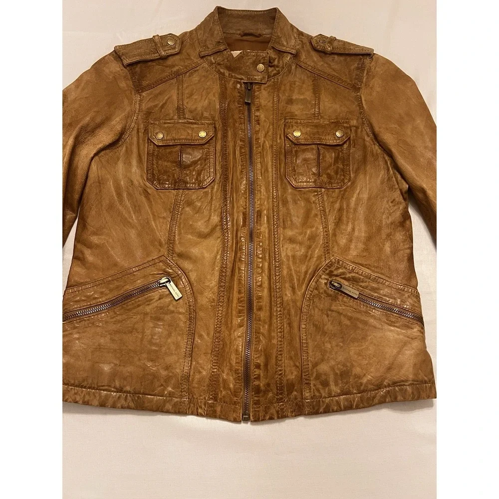 MICHAEL KORS Leather Moto Jacket Cafe Racer Zipped Sleeve Pocket Cognac Brown Lg
